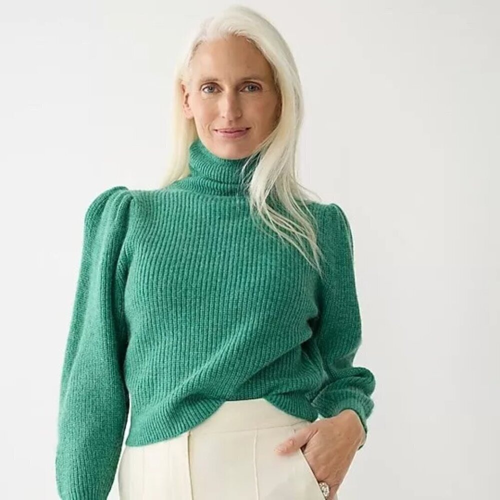 J.Crew Green Ribbed Puff Shoulder Turtleneck Sweater Alpaca Blend XXL BM300